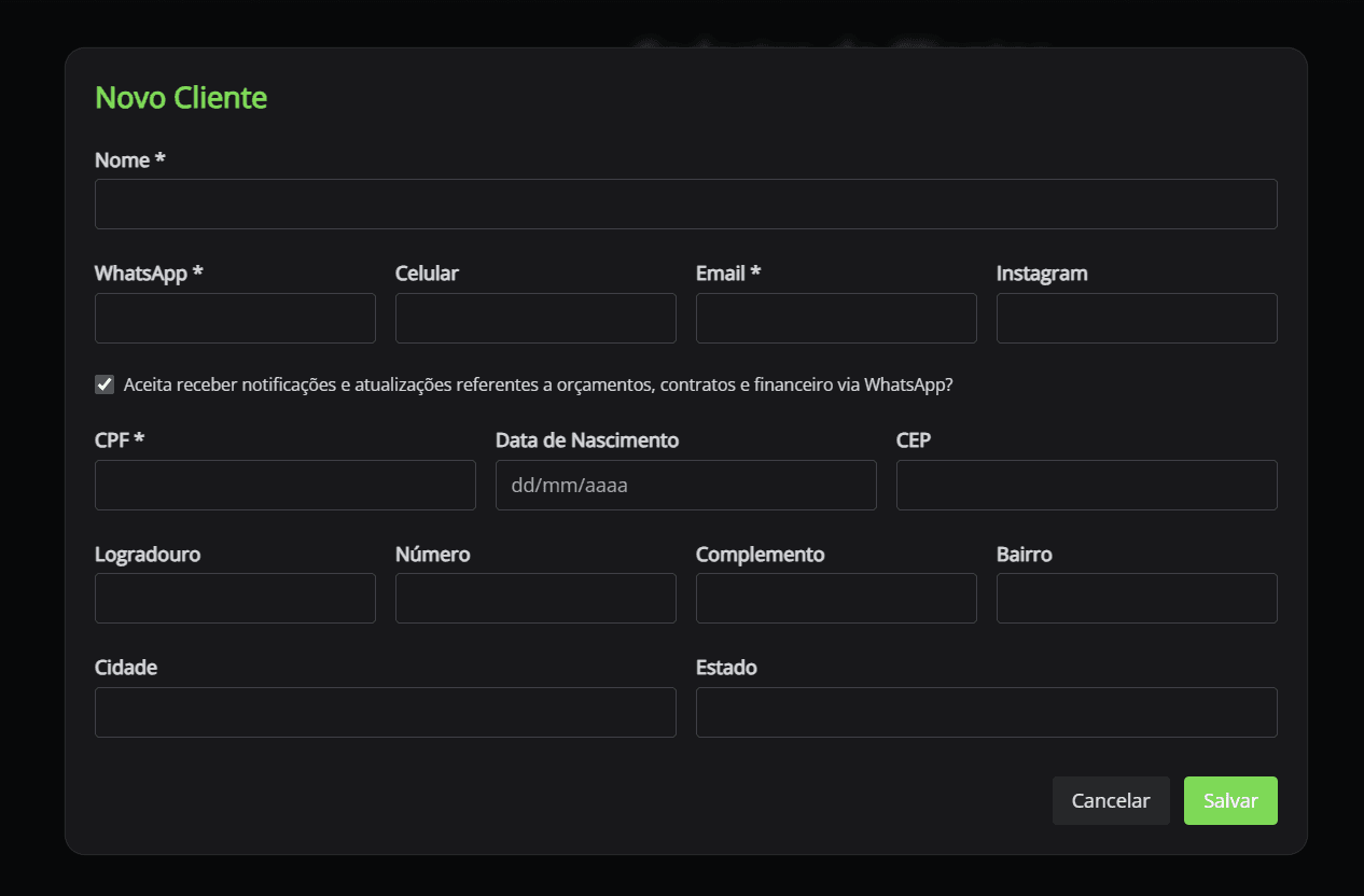 Tela de cadastro de cliente do VisionFest