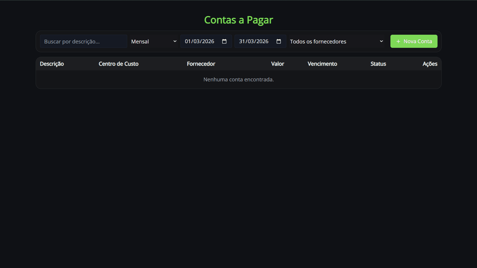 Tela de contas a pagar do VisionFest